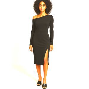 Theory Asymmetric One Shoulder Black Crepe Midi Dress 00 Quiet Luxury NWT